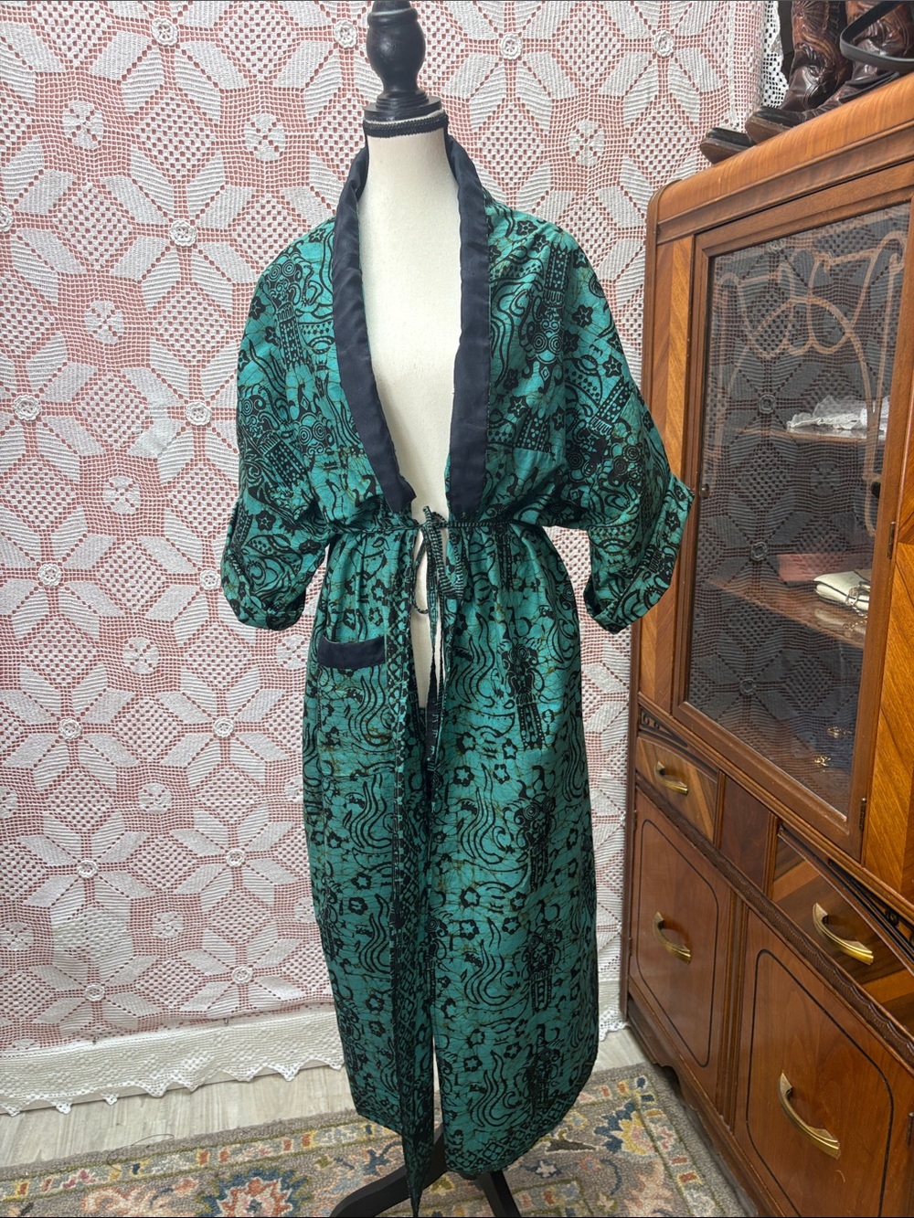 Vintage teal & black batik-style kimono robe / duster  Sz M-XXL